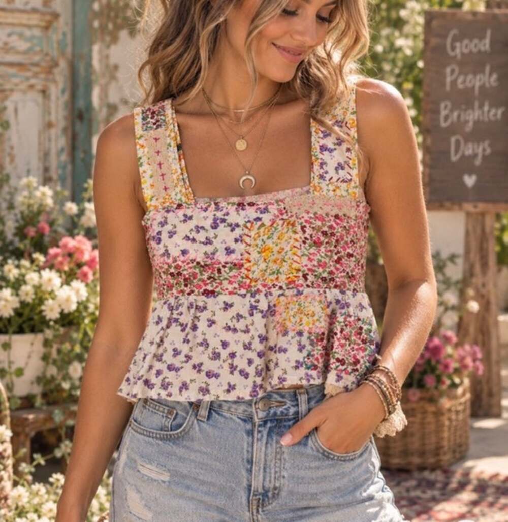 Natural Life NWT Floral Patchwork Embroidered Smocked Babydoll Crop Top Large